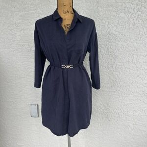 La Chapelle Shirt Dress Women's Small Navy Blue Long Sleeve Elastic Belt